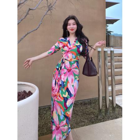 BY12423# 冰绿粉彩复古印花系带裹身裙春夏显瘦高级感气质连衣裙女 服裝批發女裝批發服飾貨源