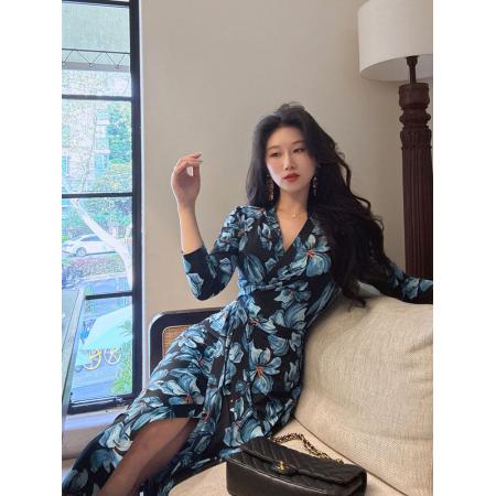 BY12424# 幽蓝私语春夏季裹身裙法式水墨花收腰修身显瘦连衣裙子女 服裝批發女裝批發服飾貨源