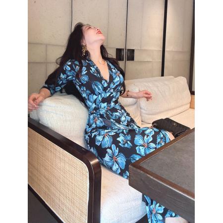 BY12424# 幽蓝私语春夏季裹身裙法式水墨花收腰修身显瘦连衣裙子女 服裝批發女裝批發服飾貨源