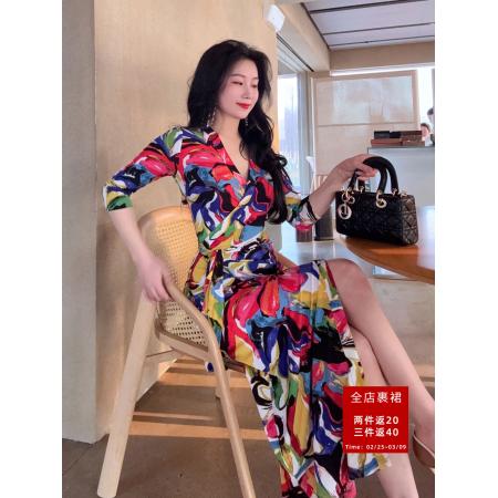 BY12425# 巴胺复古艺术印花系带裹身裙春夏显瘦高级感气质连衣裙女 服裝批發女裝批發服飾貨源