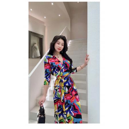 BY12425# 巴胺复古艺术印花系带裹身裙春夏显瘦高级感气质连衣裙女 服裝批發女裝批發服飾貨源