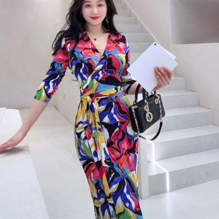 BY12425# 巴胺复古艺术印花系带裹身裙春夏显瘦高级感气质连衣裙女 服裝批發女裝批發服飾貨源