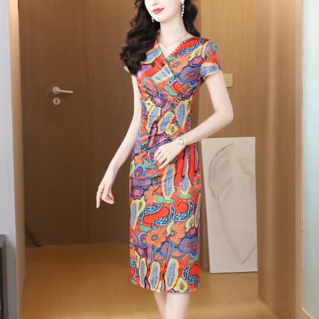 BY12428# 时尚春夏洋气复古花色显瘦高级连衣裙大码女显瘦女 服裝批發女裝批發服飾貨源