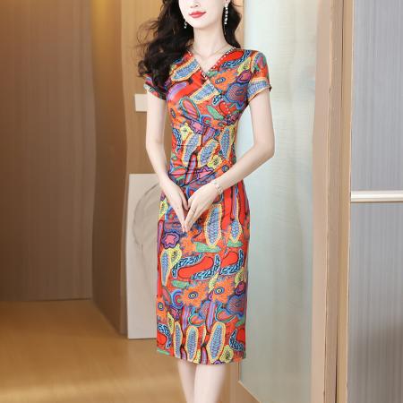 BY12428# 时尚春夏洋气复古花色显瘦高级连衣裙大码女显瘦女 服裝批發女裝批發服飾貨源