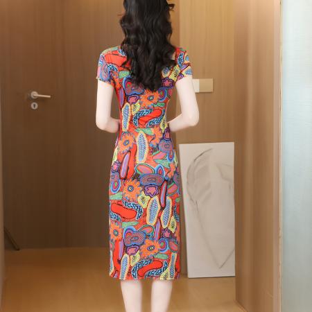 BY12428# 时尚春夏洋气复古花色显瘦高级连衣裙大码女显瘦女 服裝批發女裝批發服飾貨源