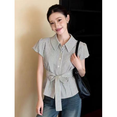 BY12429# 韩版条纹衬衫女夏季新款设计超好看翻领短袖收腰系带减龄上衣 服裝批發女裝批發服飾貨源