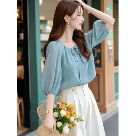 BY12430# 初夏减龄好看的韩系chic别致通勤上衣休闲蓝色五分袖雪纺衬衫女款 服裝批發女裝批發服飾貨源