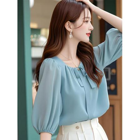 BY12430# 初夏减龄好看的韩系chic别致通勤上衣休闲蓝色五分袖雪纺衬衫女款 服裝批發女裝批發服飾貨源