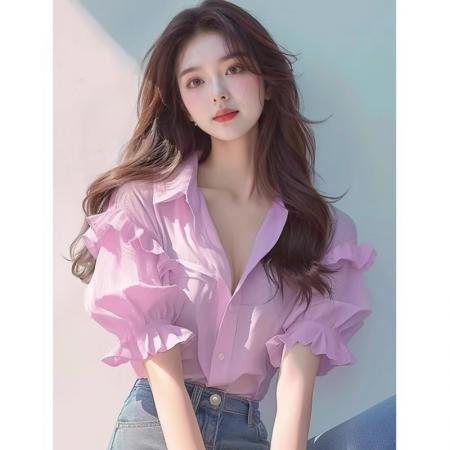 BY12431# 今年流行漂亮洋气减龄别致绝美上衣超好看气质粉色泡泡袖衬衫女夏 服裝批發女裝批發服飾貨源