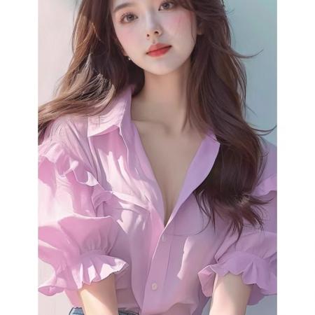 BY12431# 今年流行漂亮洋气减龄别致绝美上衣超好看气质粉色泡泡袖衬衫女夏 服裝批發女裝批發服飾貨源