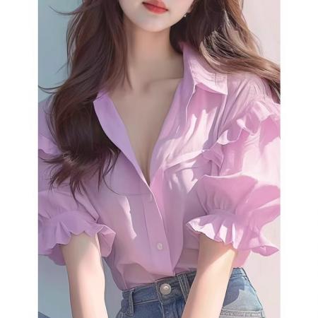 BY12431# 今年流行漂亮洋气减龄别致绝美上衣超好看气质粉色泡泡袖衬衫女夏 服裝批發女裝批發服飾貨源