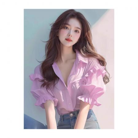 BY12431# 今年流行漂亮洋气减龄别致绝美上衣超好看气质粉色泡泡袖衬衫女夏 服裝批發女裝批發服飾貨源
