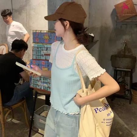 BY12432# 日系甜妹浅绿色木耳边假两件短袖T恤女夏新款设计感减龄短款上衣 服裝批發女裝批發服飾貨源