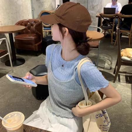 BY12432# 日系甜妹浅绿色木耳边假两件短袖T恤女夏新款设计感减龄短款上衣 服裝批發女裝批發服飾貨源