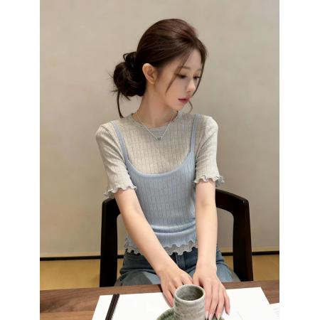 BY12432# 日系甜妹浅绿色木耳边假两件短袖T恤女夏新款设计感减龄短款上衣 服裝批發女裝批發服飾貨源