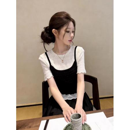 BY12432# 日系甜妹浅绿色木耳边假两件短袖T恤女夏新款设计感减龄短款上衣 服裝批發女裝批發服飾貨源