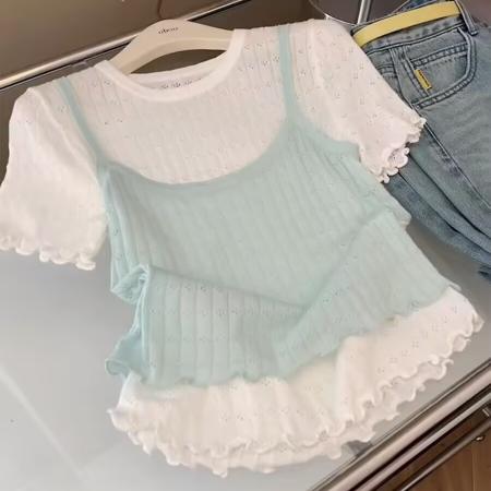 BY12432# 日系甜妹浅绿色木耳边假两件短袖T恤女夏新款设计感减龄短款上衣 服裝批發女裝批發服飾貨源