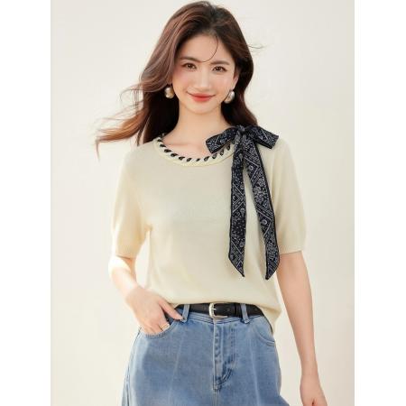 BY12433# 设计感蝴蝶结丝巾针织衫短袖T恤新款修身百搭上衣 服裝批發女裝批發服飾貨源