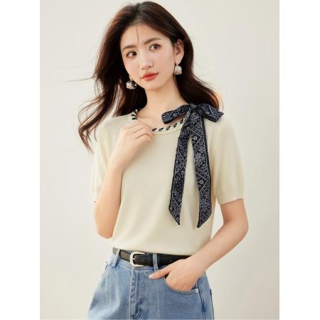 BY12433# 设计感蝴蝶结丝巾针织衫短袖T恤新款修身百搭上衣 服裝批發女裝批發服飾貨源