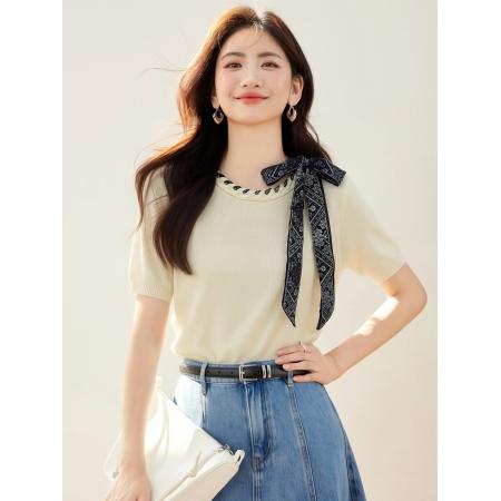 BY12433# 设计感蝴蝶结丝巾针织衫短袖T恤新款修身百搭上衣 服裝批發女裝批發服飾貨源