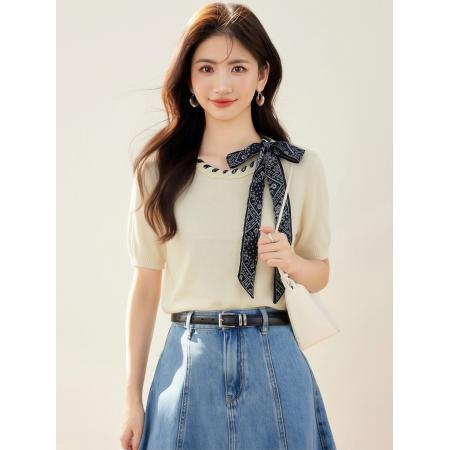 BY12433# 设计感蝴蝶结丝巾针织衫短袖T恤新款修身百搭上衣 服裝批發女裝批發服飾貨源