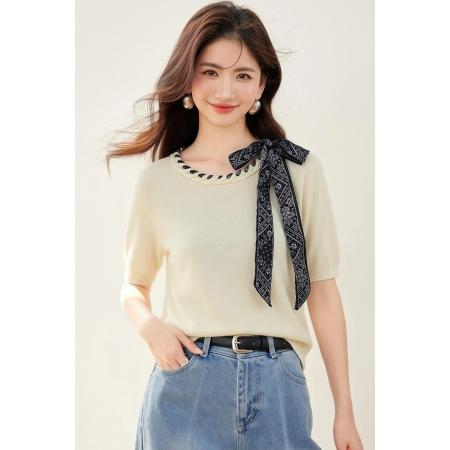 BY12433# 设计感蝴蝶结丝巾针织衫短袖T恤新款修身百搭上衣 服裝批發女裝批發服飾貨源