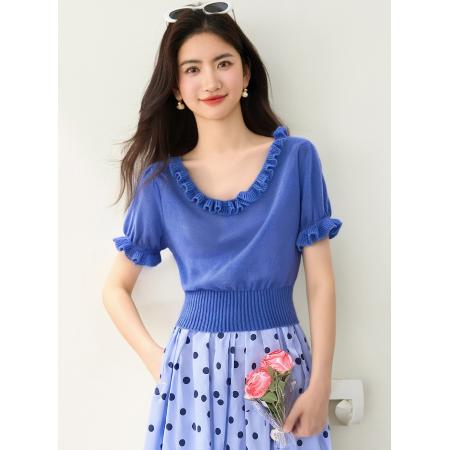 BY12434# 夏甜美风U领木耳边短袖女新款修身显瘦高级感上衣 服裝批發女裝批發服飾貨源