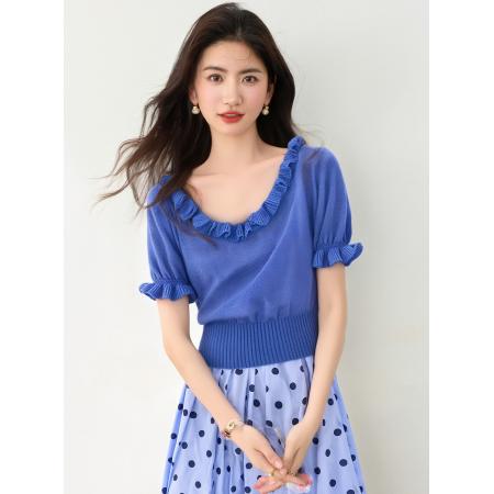 BY12434# 夏甜美风U领木耳边短袖女新款修身显瘦高级感上衣 服裝批發女裝批發服飾貨源