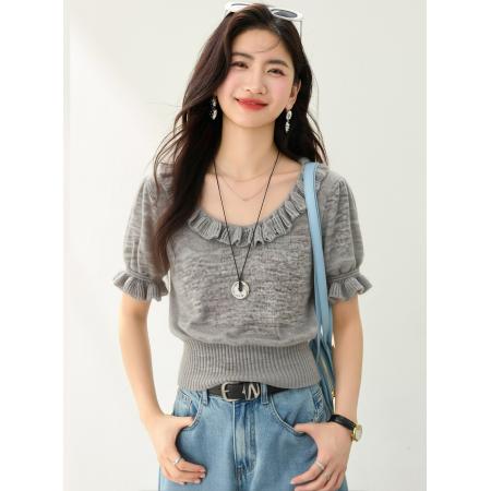 BY12434# 夏甜美风U领木耳边短袖女新款修身显瘦高级感上衣 服裝批發女裝批發服飾貨源