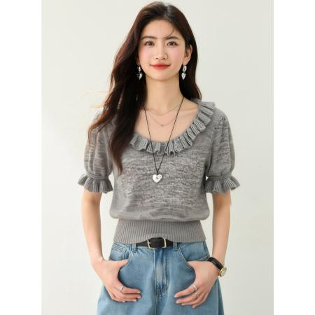 BY12434# 夏甜美风U领木耳边短袖女新款修身显瘦高级感上衣 服裝批發女裝批發服飾貨源