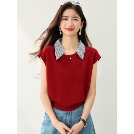 BY12435# 翻领拼色短袖针织衫女夏季新款宽松显瘦百搭毛衣 服裝批發女裝批發服飾貨源