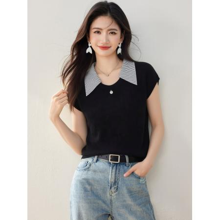 BY12435# 翻领拼色短袖针织衫女夏季新款宽松显瘦百搭毛衣 服裝批發女裝批發服飾貨源