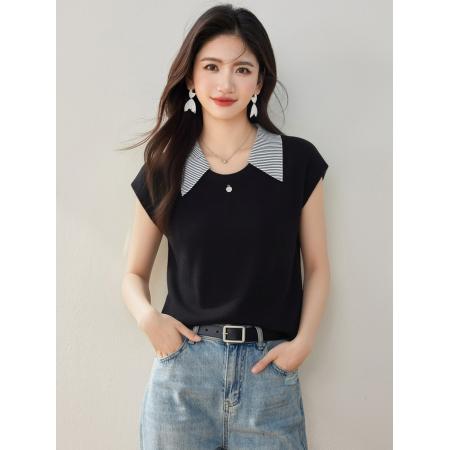 BY12435# 翻领拼色短袖针织衫女夏季新款宽松显瘦百搭毛衣 服裝批發女裝批發服飾貨源