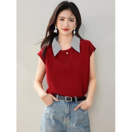 BY12435# 翻领拼色短袖针织衫女夏季新款宽松显瘦百搭毛衣 服裝批發女裝批發服飾貨源