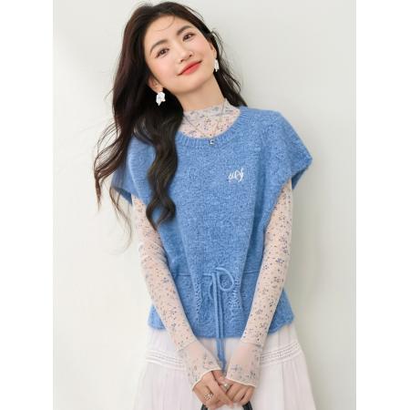 BY12437# 春季针织短袖上衣女小飞袖毛衣+碎花网纱打底+长裙 服裝批發女裝批發服飾貨源