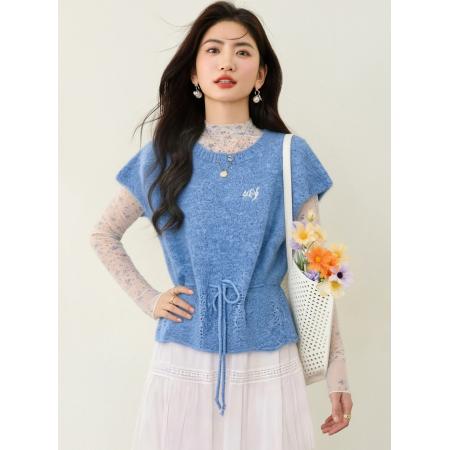 BY12437# 春季针织短袖上衣女小飞袖毛衣+碎花网纱打底+长裙 服裝批發女裝批發服飾貨源