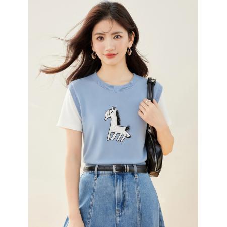 BY12438# 夏季色叠穿假两件拼接袖设计感趣味小马印花针织衫 服裝批發女裝批發服飾貨源