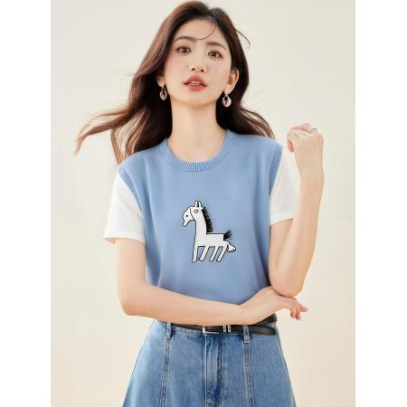 BY12438# 夏季色叠穿假两件拼接袖设计感趣味小马印花针织衫 服裝批發女裝批發服飾貨源