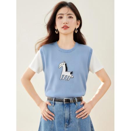 BY12438# 夏季色叠穿假两件拼接袖设计感趣味小马印花针织衫 服裝批發女裝批發服飾貨源