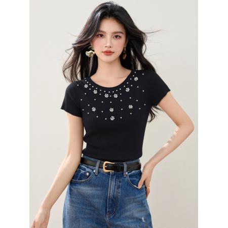 BY12439# 夏季针织字母珍珠花朵短袖圆领套头修身显瘦女上衣 服裝批發女裝批發服飾貨源