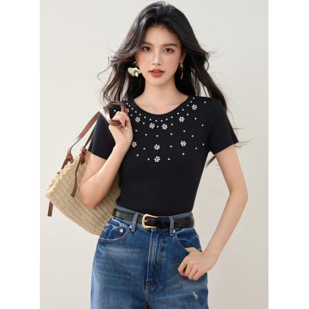 BY12439# 夏季针织字母珍珠花朵短袖圆领套头修身显瘦女上衣 服裝批發女裝批發服飾貨源