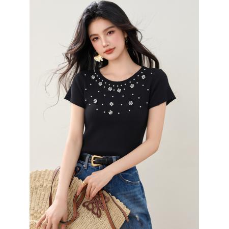 BY12439# 夏季针织字母珍珠花朵短袖圆领套头修身显瘦女上衣 服裝批發女裝批發服飾貨源