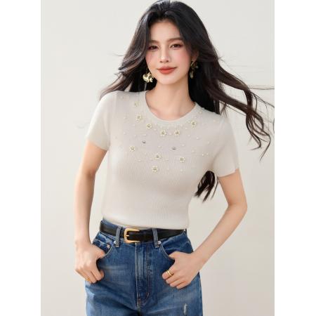 BY12439# 夏季针织字母珍珠花朵短袖圆领套头修身显瘦女上衣 服裝批發女裝批發服飾貨源