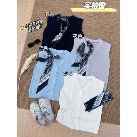 BY12440# 韩系通勤穿搭配丝巾v领针织开衫t恤女夏季宽松显瘦高级感无袖上衣 服裝批發女裝批發服飾貨源