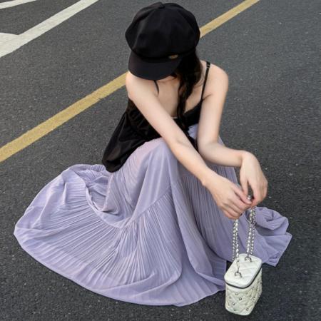 BY12443# 网纱半身裙女夏季新款高腰显瘦甜美a字长裙温柔风百褶裙 服裝批發女裝批發服飾貨源