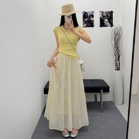 BY12443# 网纱半身裙女夏季新款高腰显瘦甜美a字长裙温柔风百褶裙 服裝批發女裝批發服飾貨源