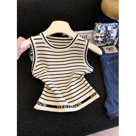 BY12444# 小香风撞色条纹无袖针织背心女夏气质名媛高级感新款上衣女 服裝批發女裝批發服飾貨源