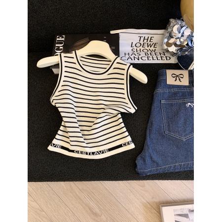 BY12444# 小香风撞色条纹无袖针织背心女夏气质名媛高级感新款上衣女 服裝批發女裝批發服飾貨源