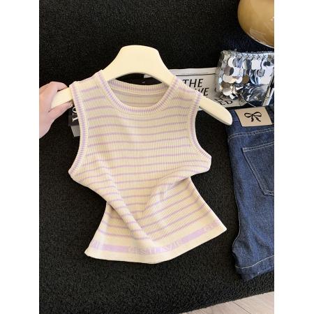 BY12444# 小香风撞色条纹无袖针织背心女夏气质名媛高级感新款上衣女 服裝批發女裝批發服飾貨源