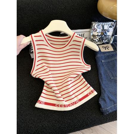 BY12444# 小香风撞色条纹无袖针织背心女夏气质名媛高级感新款上衣女 服裝批發女裝批發服飾貨源